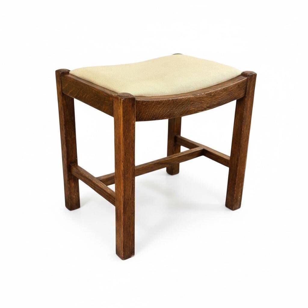 Oak Sitting Stool Or Footstool   Reupholstered Midcentury British Northern European