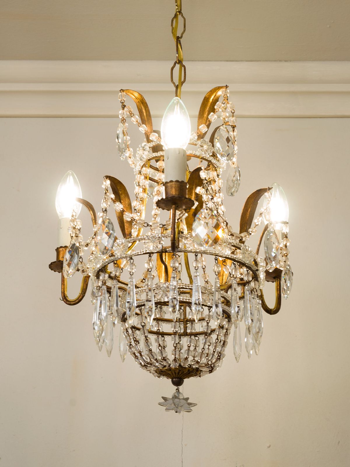 Empire Style Chandelier With Hanging Crystals, Three Lights, Vintage