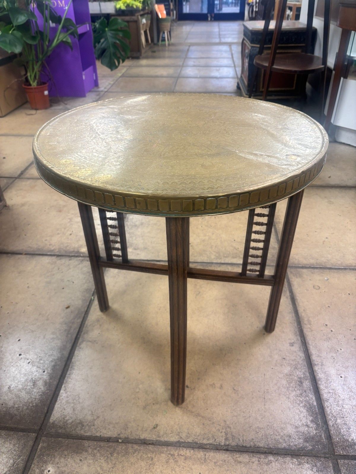 Vintage Benares Brass Tray & Wooden Legs Folding Coffee/ Side Table photo for sale