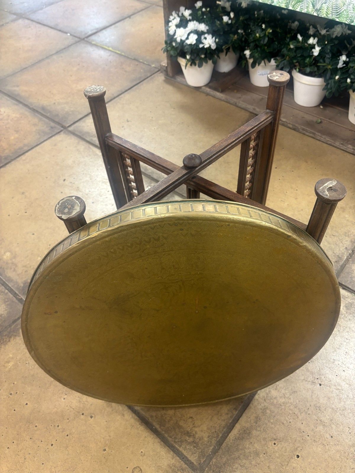 photo buy Vintage Benares Brass Tray & Wooden Legs Folding Coffee/ Side Table