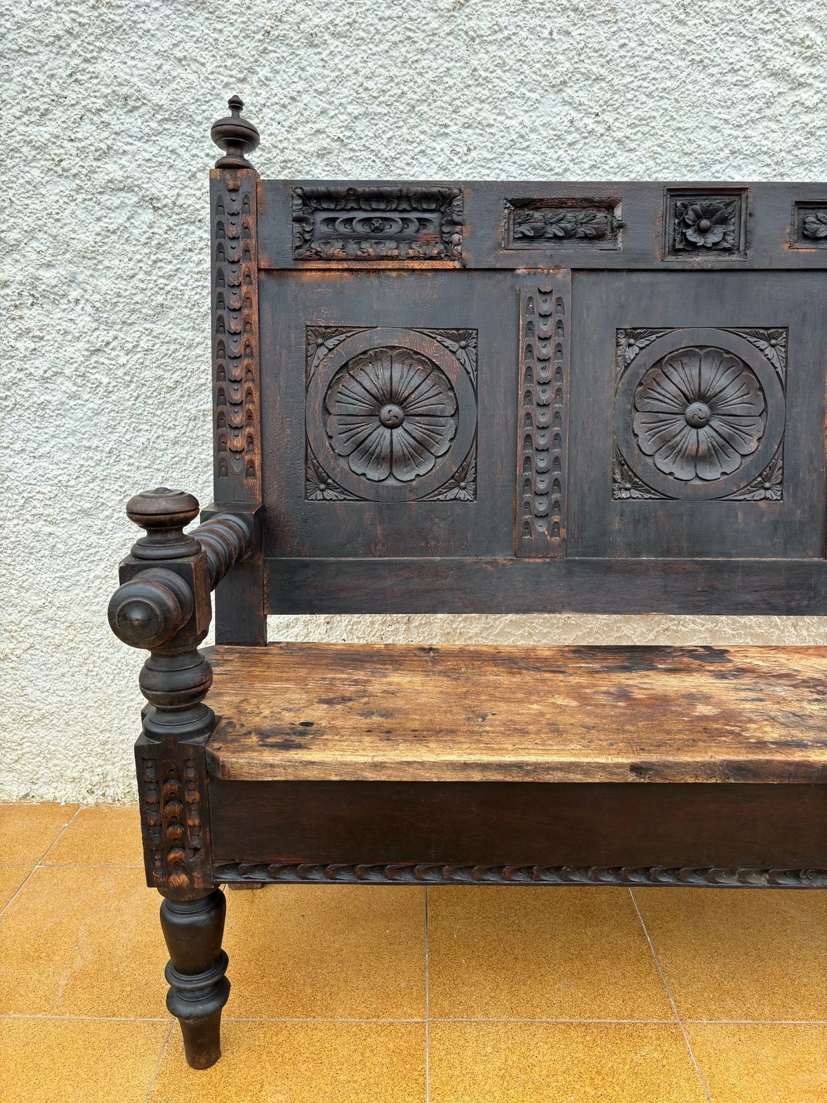 Spanish Renaissance Revival Carved Wooden Bench, Early 20th Century photo for sale