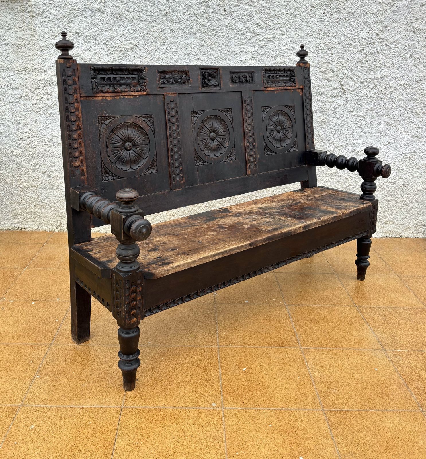 Spanish Renaissance Revival Carved Wooden Bench, Early 20th Century photo Furniture