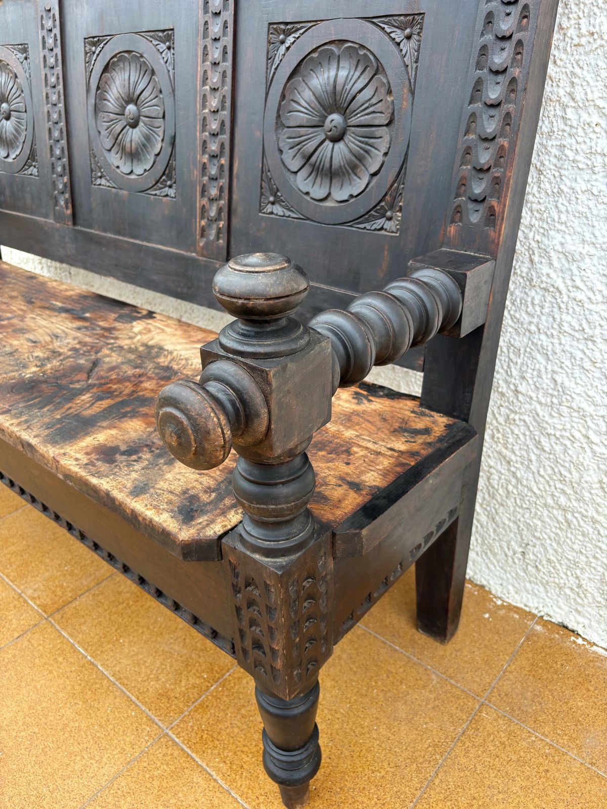 photo furniture Spanish Renaissance Revival Carved Wooden Bench, Early 20th Century