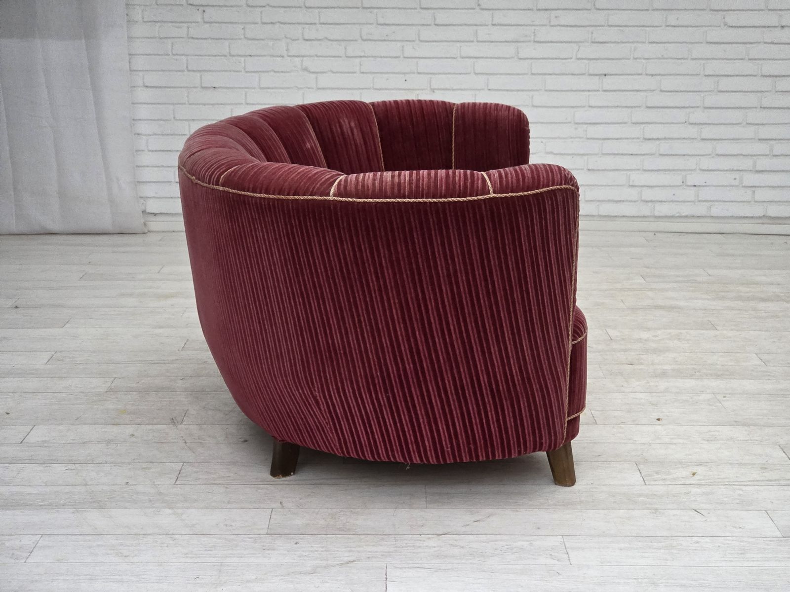 1960s, Danish 2 Seater "Banana" Sofa, Red Furniture Velour, Oak Wood. photo buy