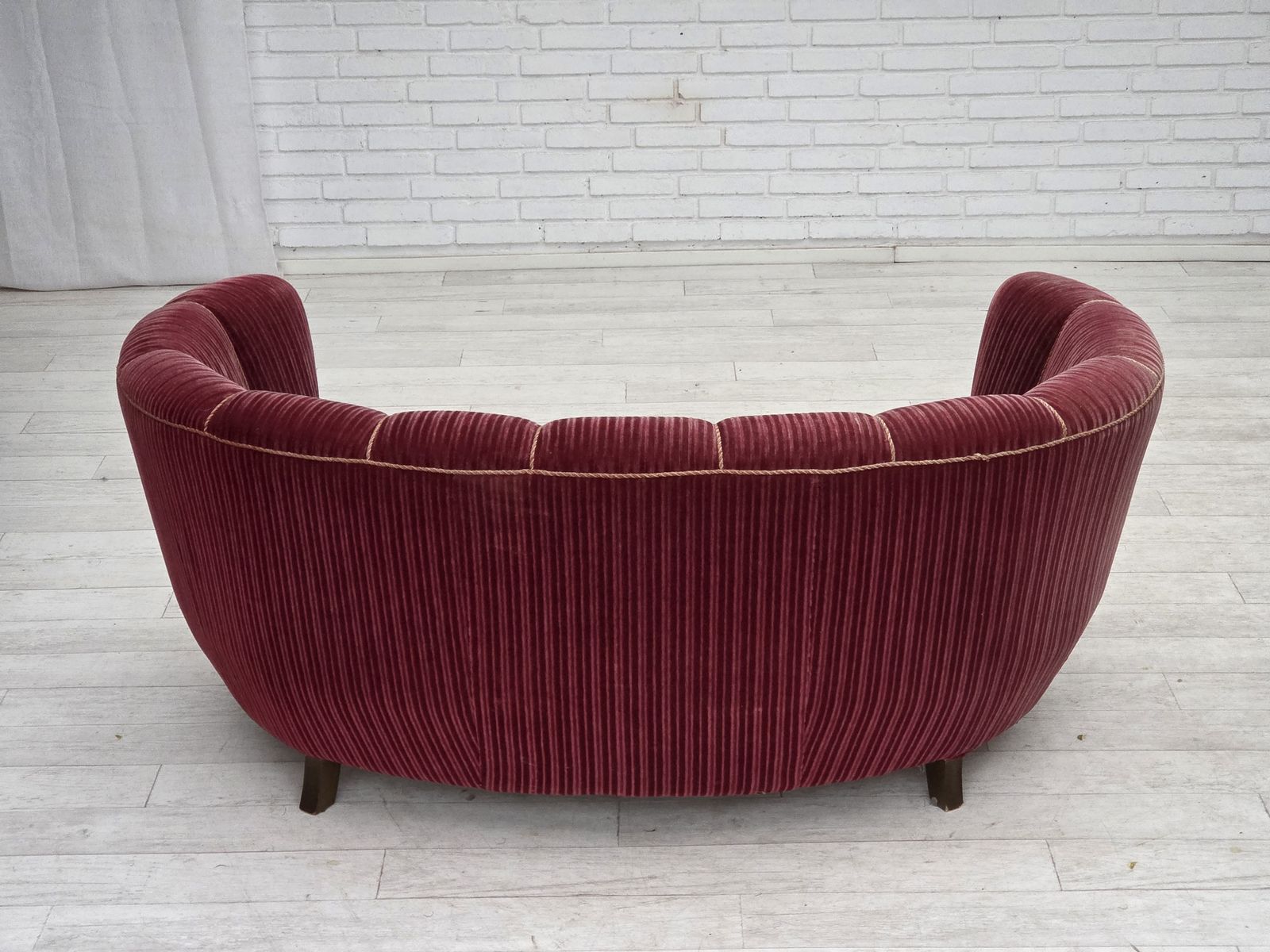 photo for sale 1960s, Danish 2 Seater "Banana" Sofa, Red Furniture Velour, Oak Wood.