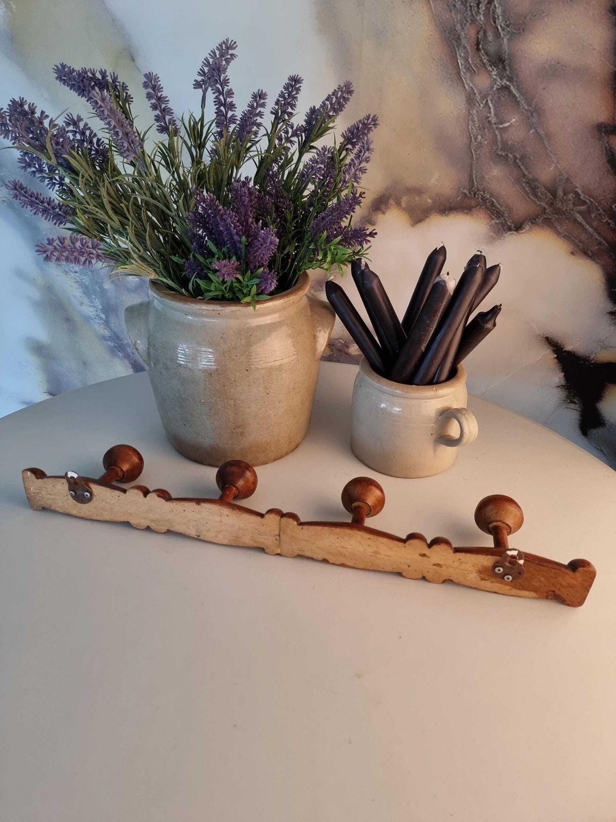 French Vintage Wood Coat Rack, 4 Mushroom Hooks, Rustic Farmhouse photo vintage