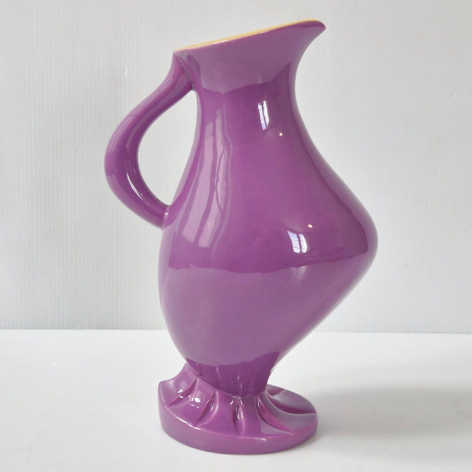 Vintage 1960s Ceramic Pitcher Shape Vase Signed 60s Retro Purple & Yellow 60s photo for sale