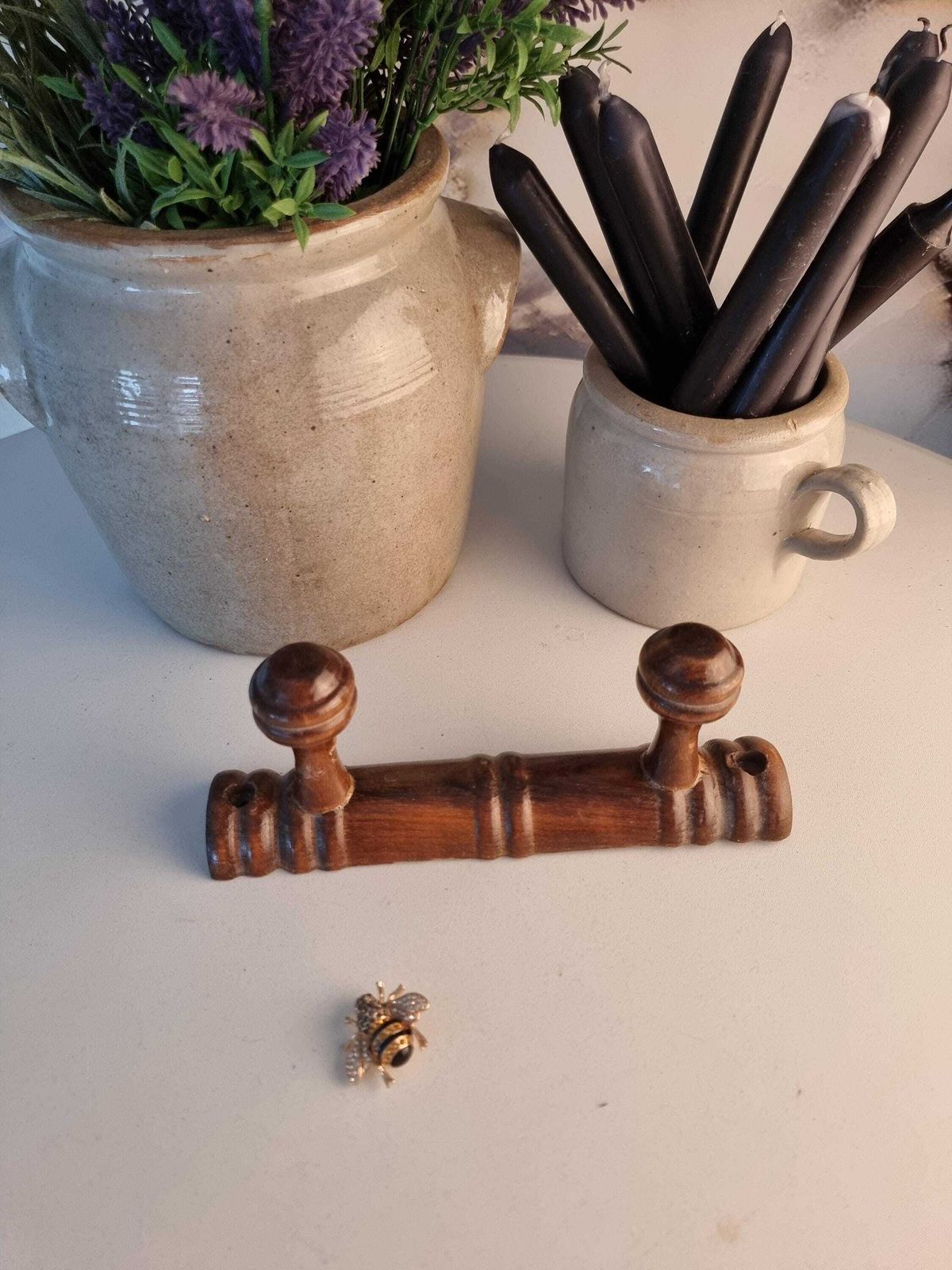 French Vintage Wood Coat Rack, 2 Mushroom Hooks, Rustic Farmhouse