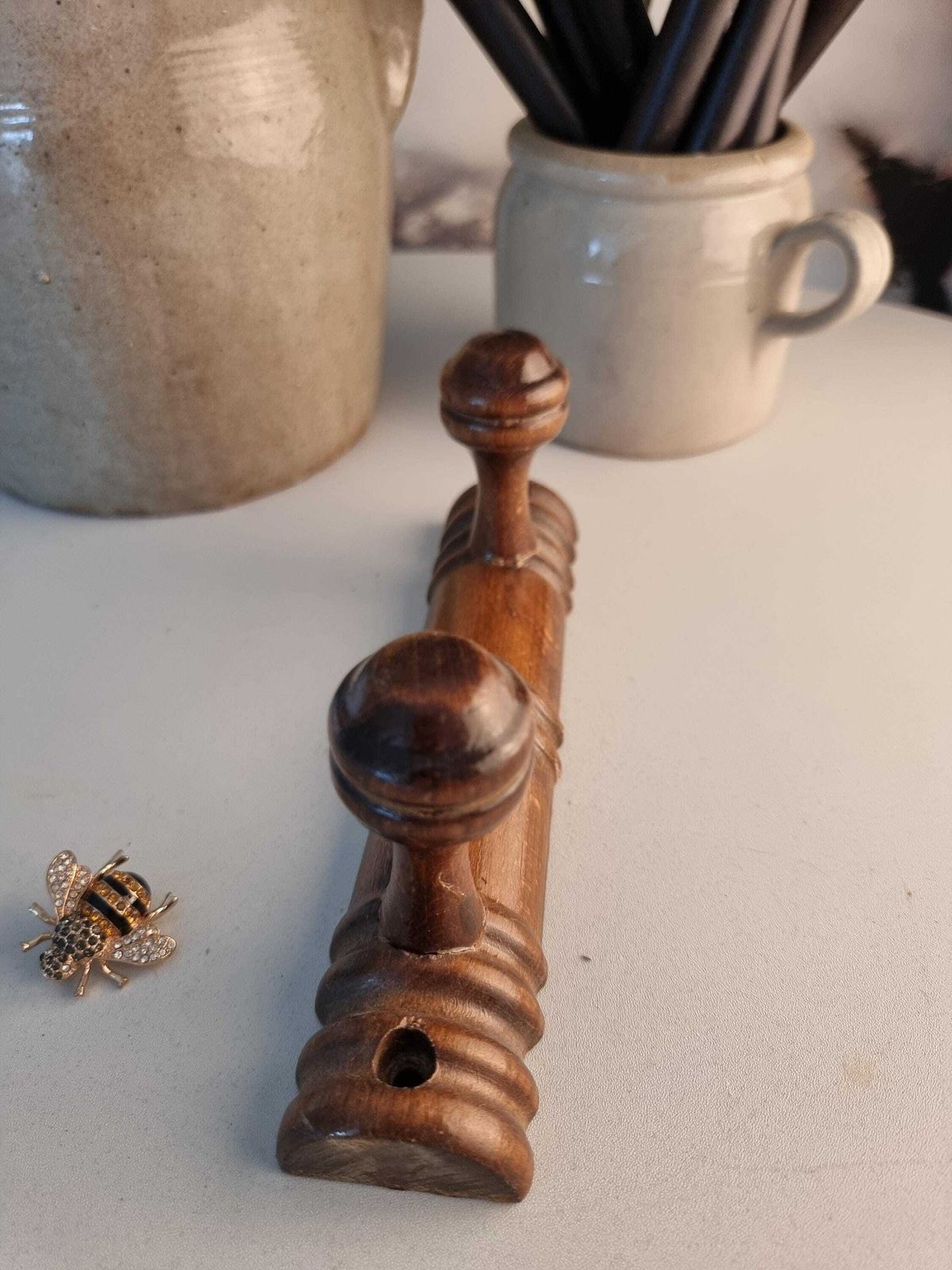 French Vintage Wood Coat Rack, 2 Mushroom Hooks, Rustic Farmhouse photo vinterior