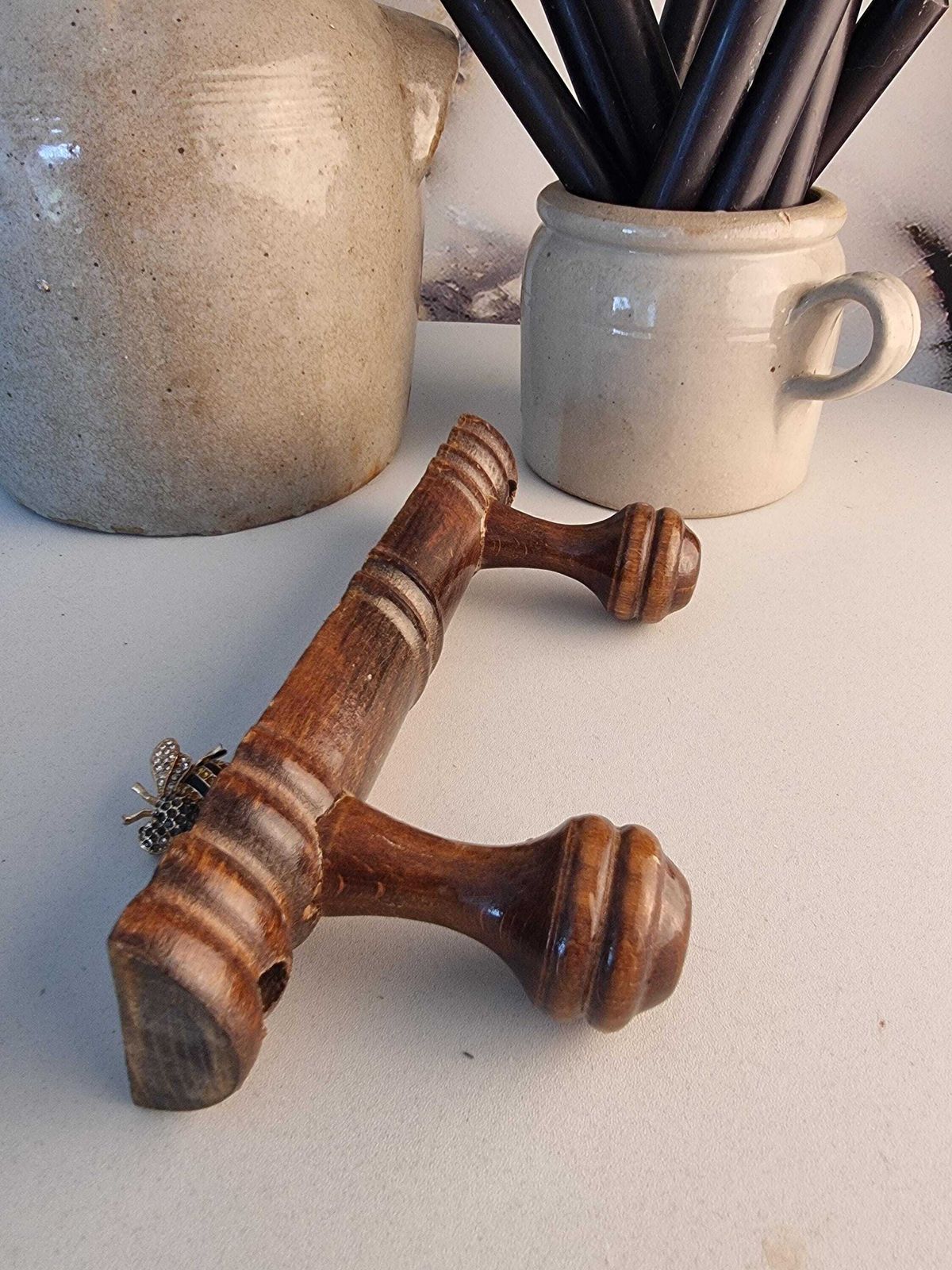 photo furniture French Vintage Wood Coat Rack, 2 Mushroom Hooks, Rustic Farmhouse