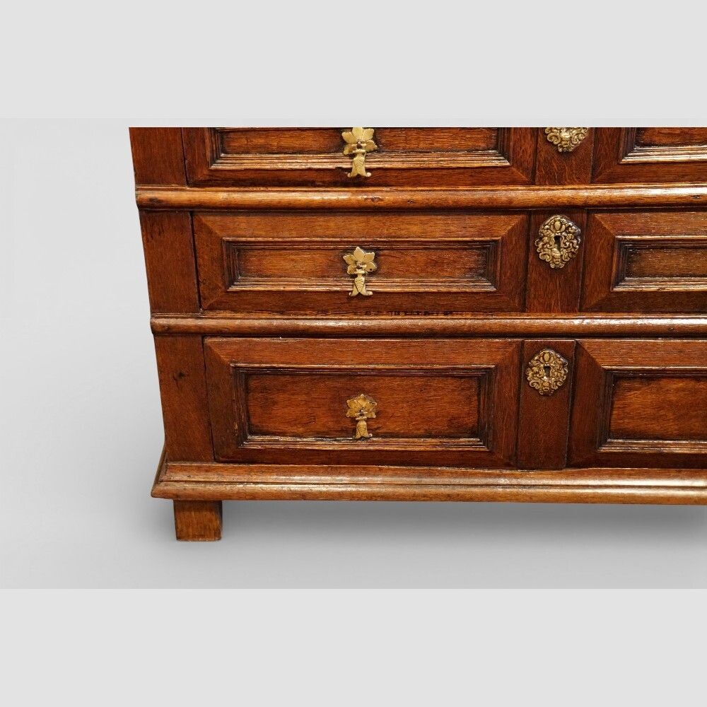 Furniture Jacobean Oak Chest Of Drawers With Original Brasses, C.1680 photo