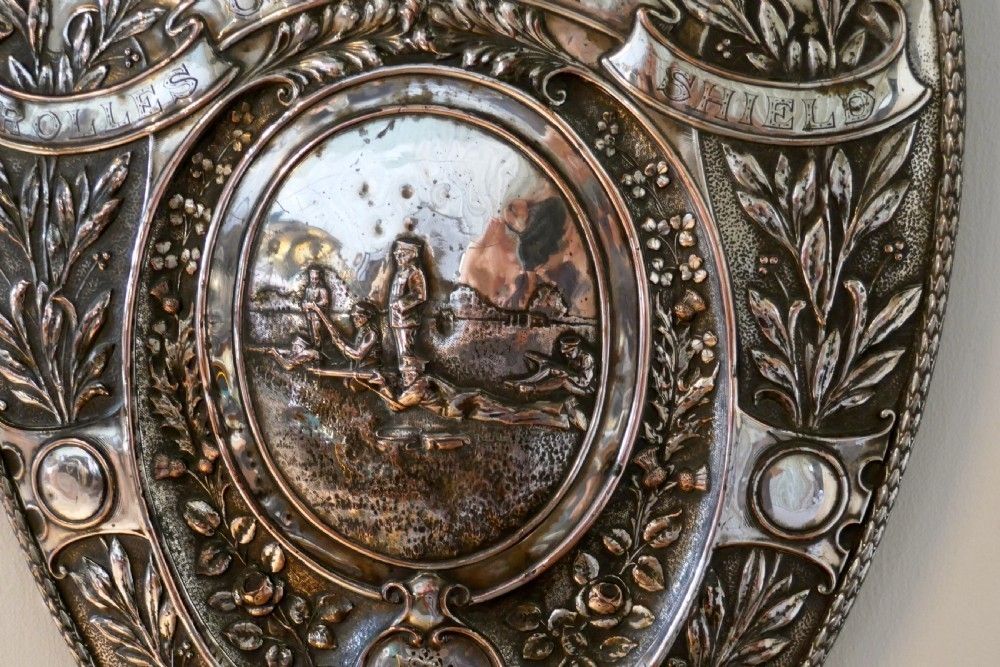 2 Sheffield Plate Silver Trophy Shields, Southwark Rifle Club & XIII Hamilton Regiment photo vintage