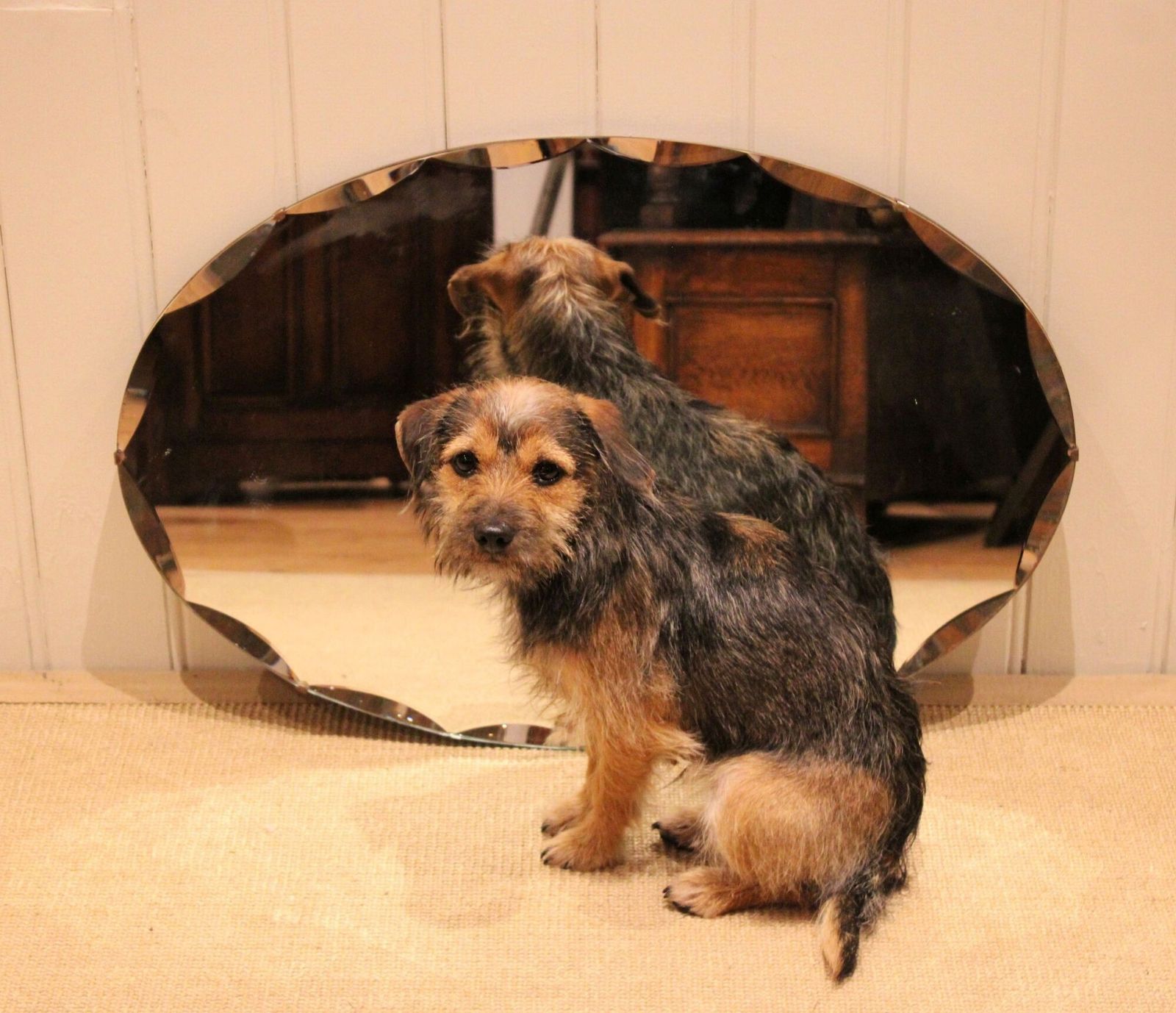 photo for sale Oval Cut Glass Wall Mirror, 1930s