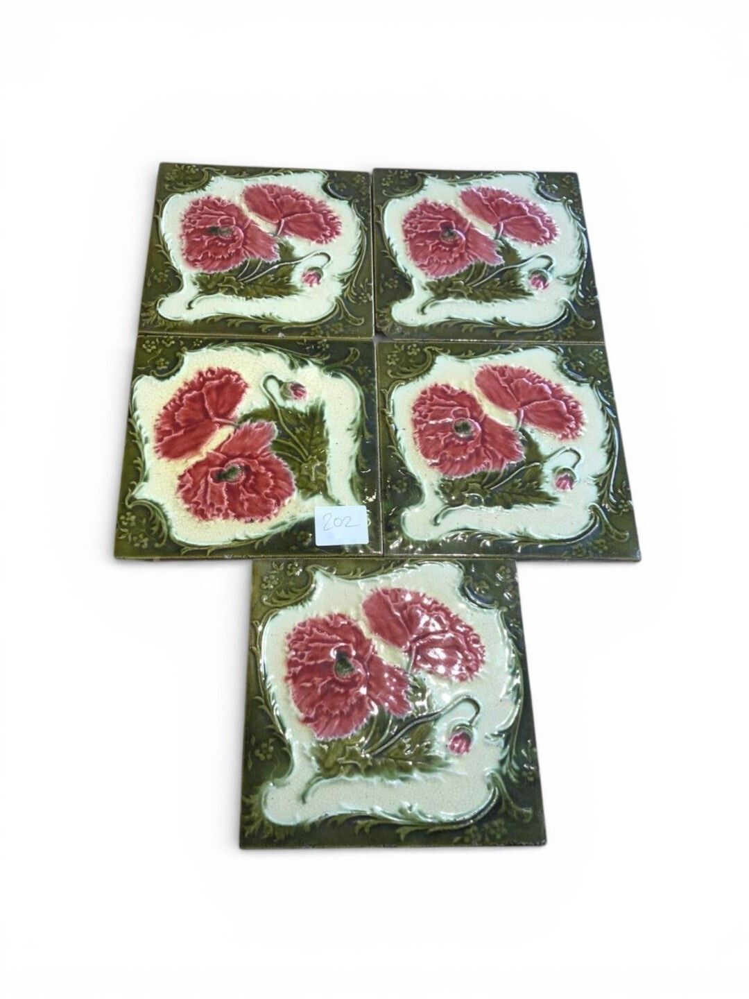 Set Of 5 Antique Ceramic Fireplace Tiles With Embossed Carnation Design 1900s
