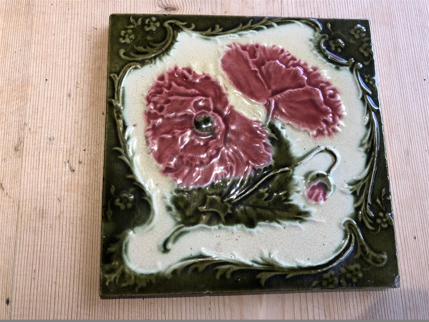 Set Of 5 Antique Ceramic Fireplace Tiles With Embossed Carnation Design 1900s photo 125.0