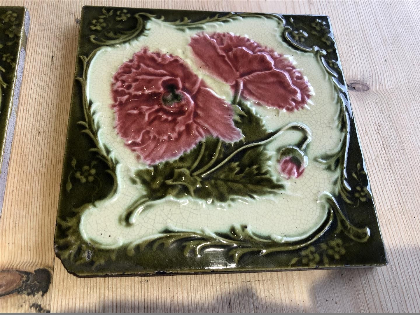 Set Of 5 Antique Ceramic Fireplace Tiles With Embossed Carnation Design 1900s photo vinterior
