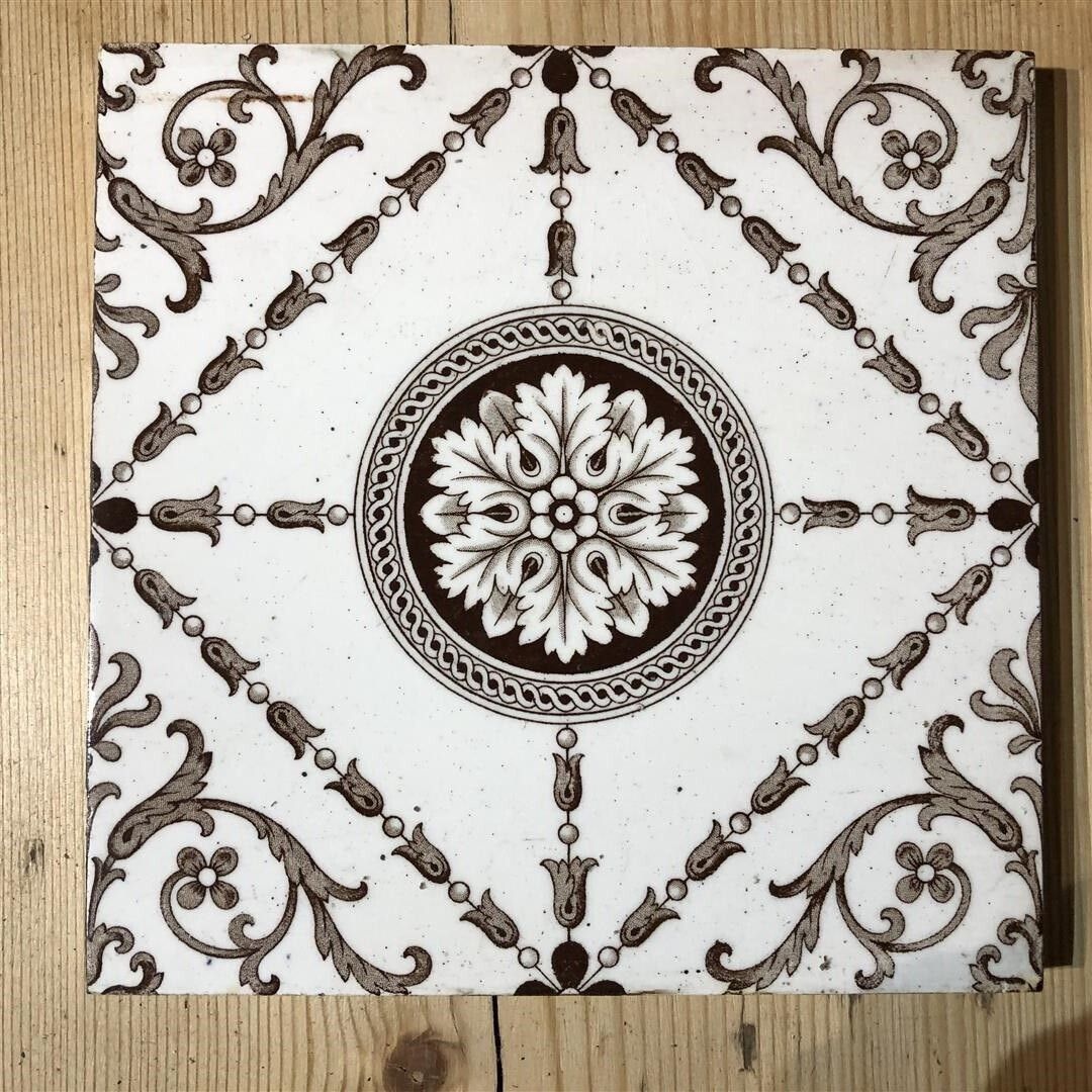 Set Of 5 Antique Minton Fireplace Tiles Brown And White Geometric Floral Design (102) photo furniture