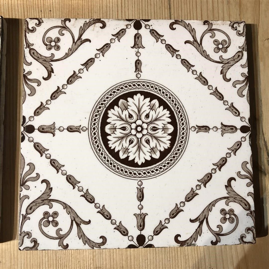 Set Of 5 Antique Minton Fireplace Tiles Brown And White Geometric Floral Design (102) photo Home Fixtures