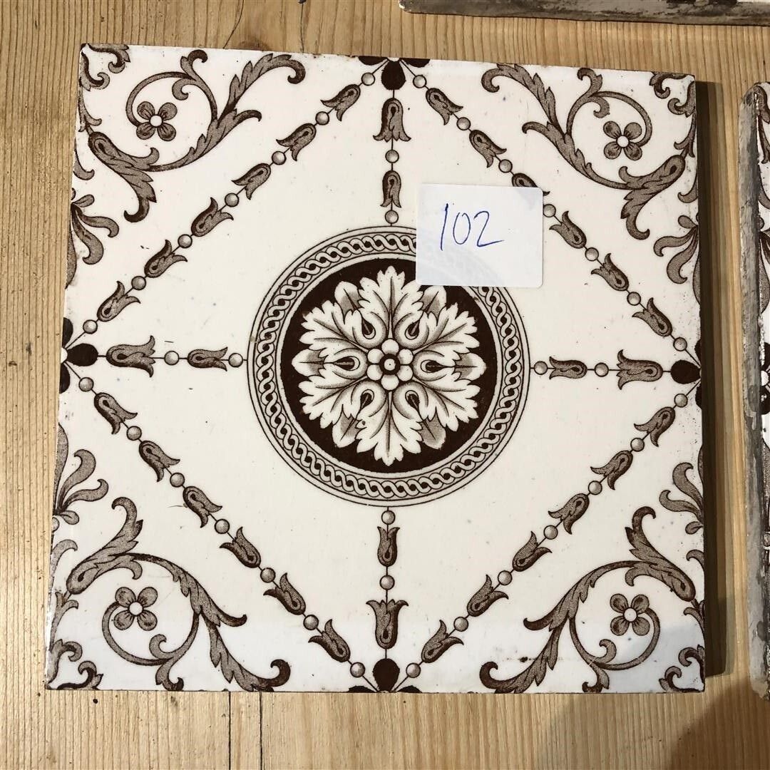 Set Of 5 Antique Minton Fireplace Tiles Brown And White Geometric Floral Design (102) photo 95.0