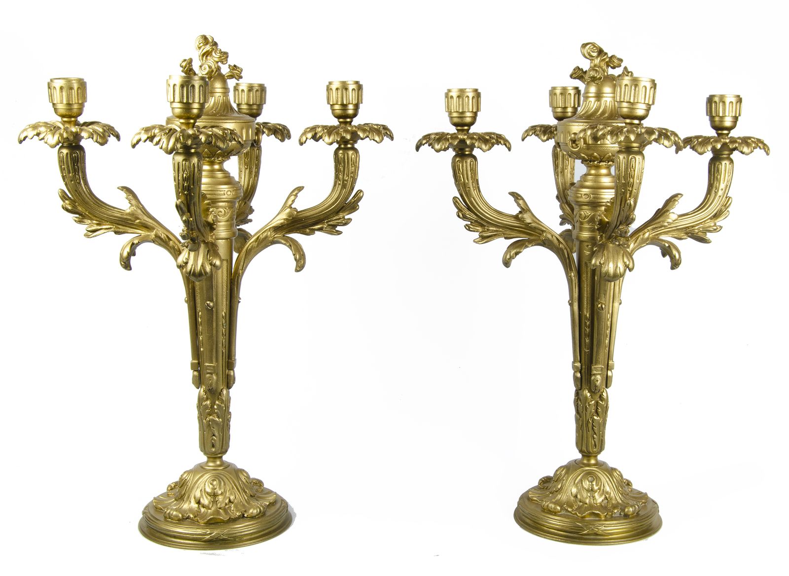 Pair Of Late 19th Century Neoclassical Gilt Bronze/Ormolu 4 Arms Candelabras, France