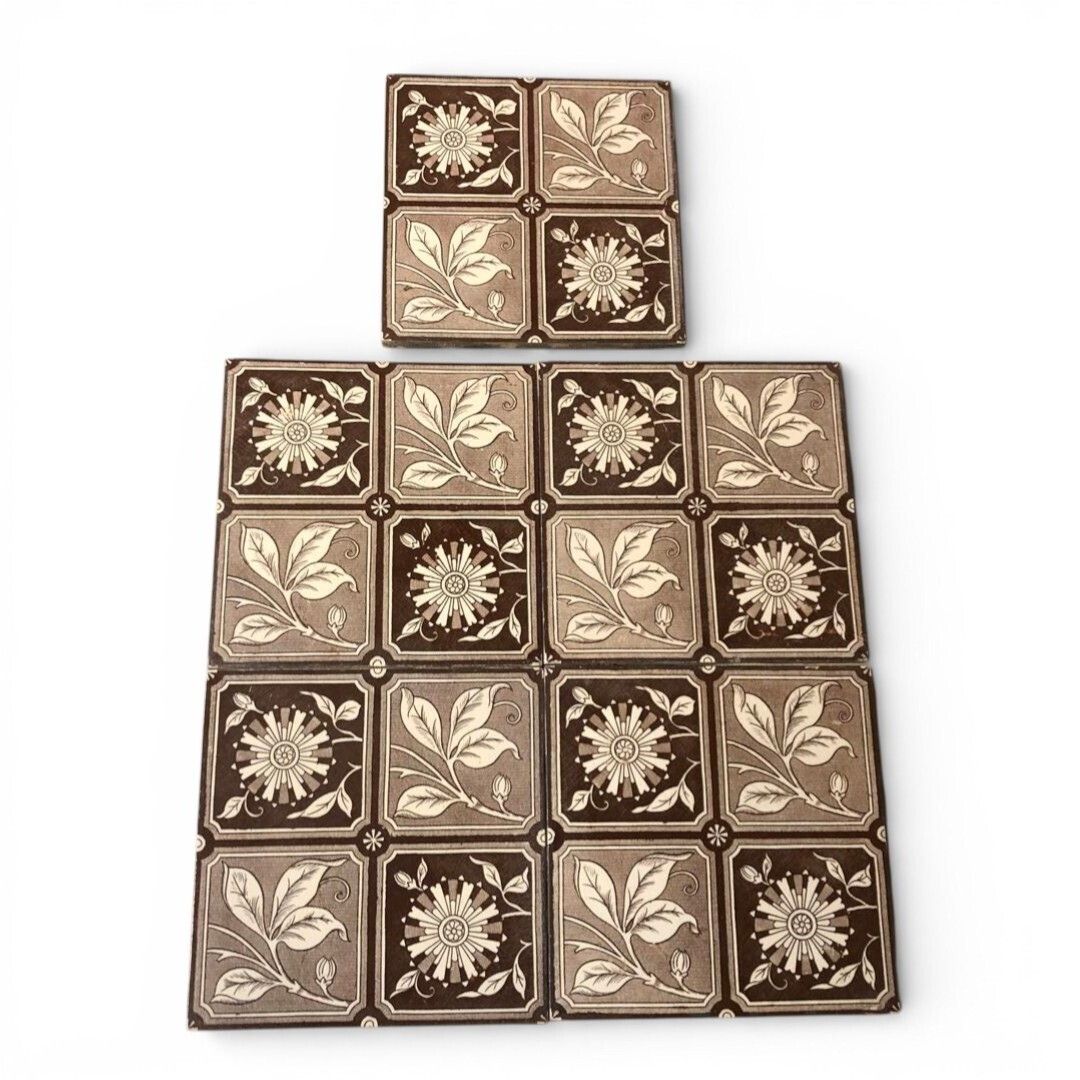Set Of 5 Antique Fireplace Tiles Brown And White Leaf Chequer Design (101)