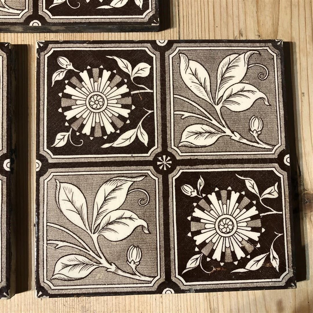 Set Of 5 Antique Fireplace Tiles Brown And White Leaf Chequer Design (101) photo Home Fixtures