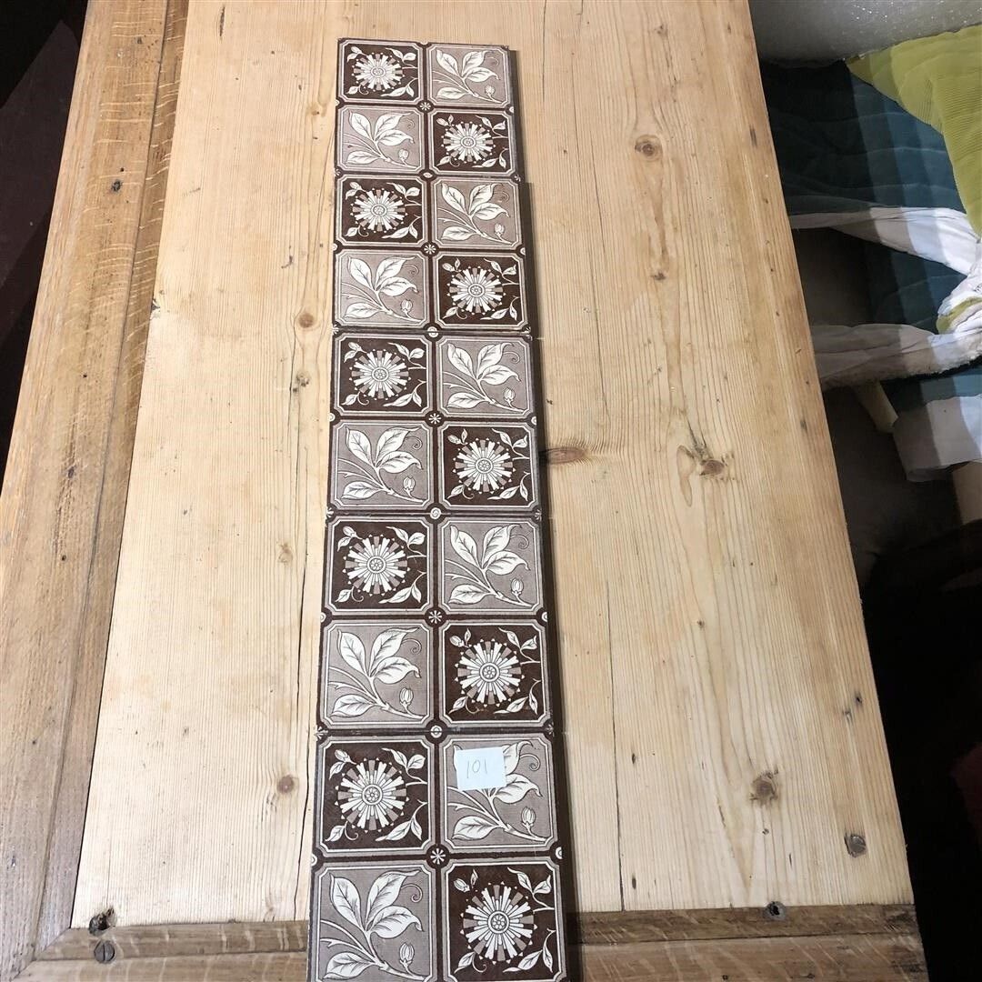 photo furniture Set Of 5 Antique Fireplace Tiles Brown And White Leaf Chequer Design (101)
