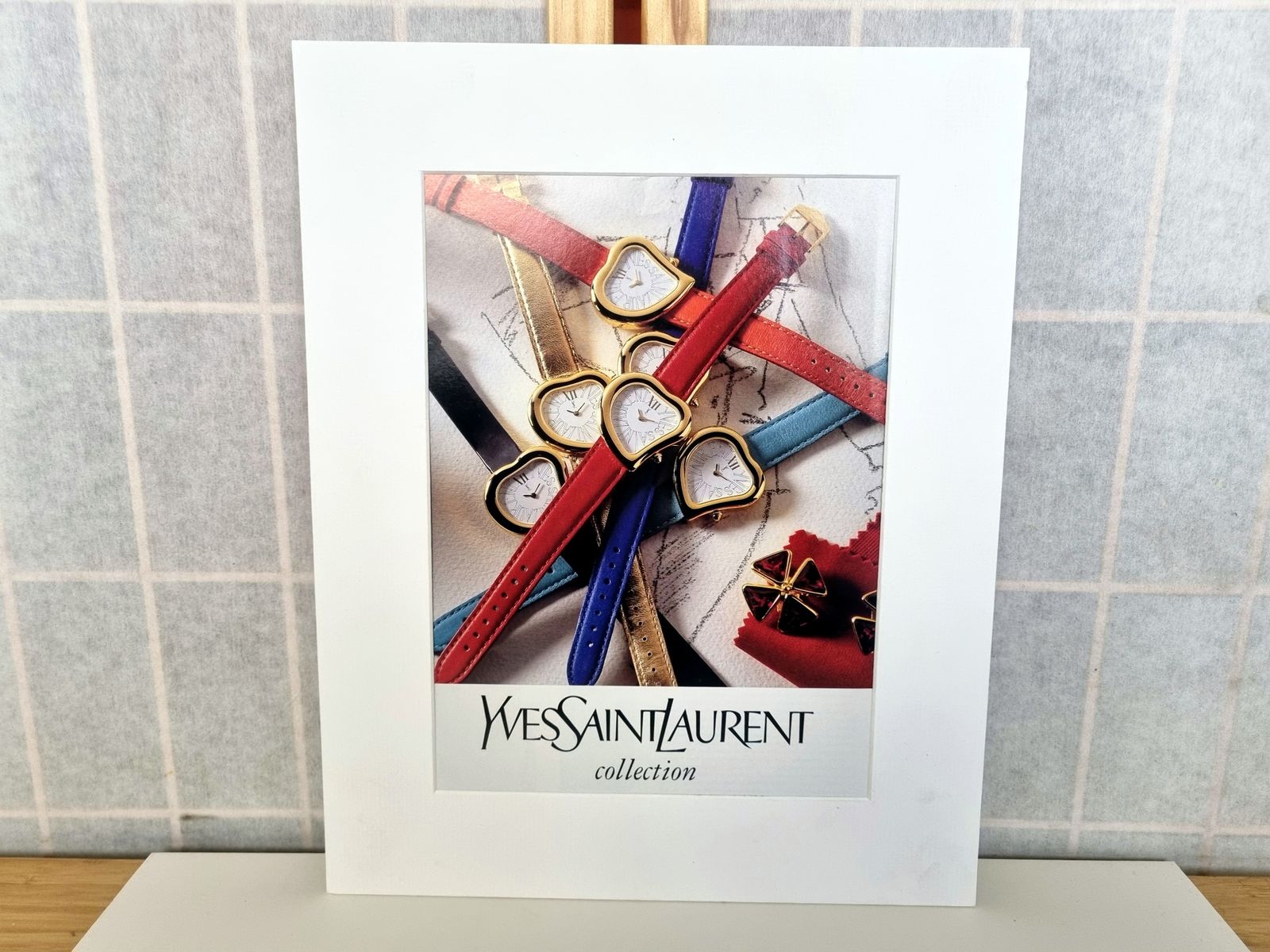 Designer Watch Advertisement Print, Yves Saint Laurent Collection Watches, 1990s French Fashion Magazine Art, Mounted photo furniture