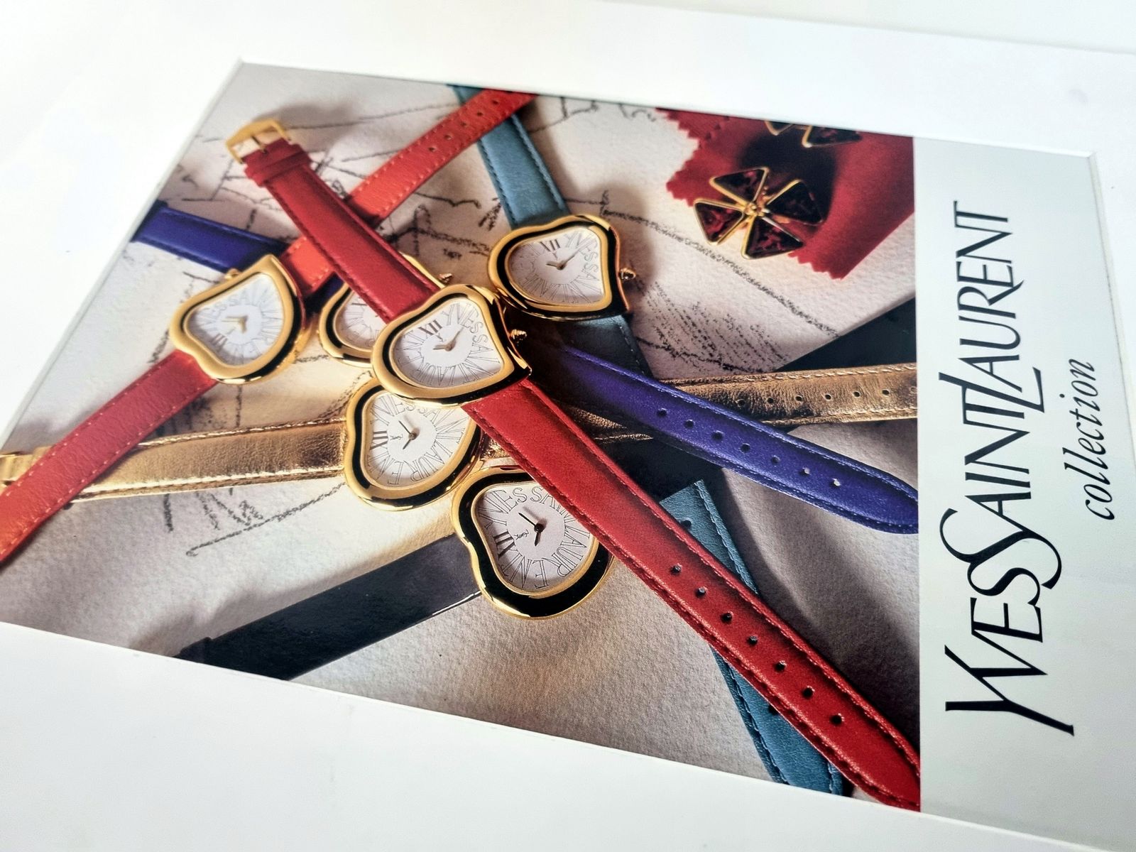 Designer Watch Advertisement Print, Yves Saint Laurent Collection Watches, 1990s French Fashion Magazine Art, Mounted photo for sale