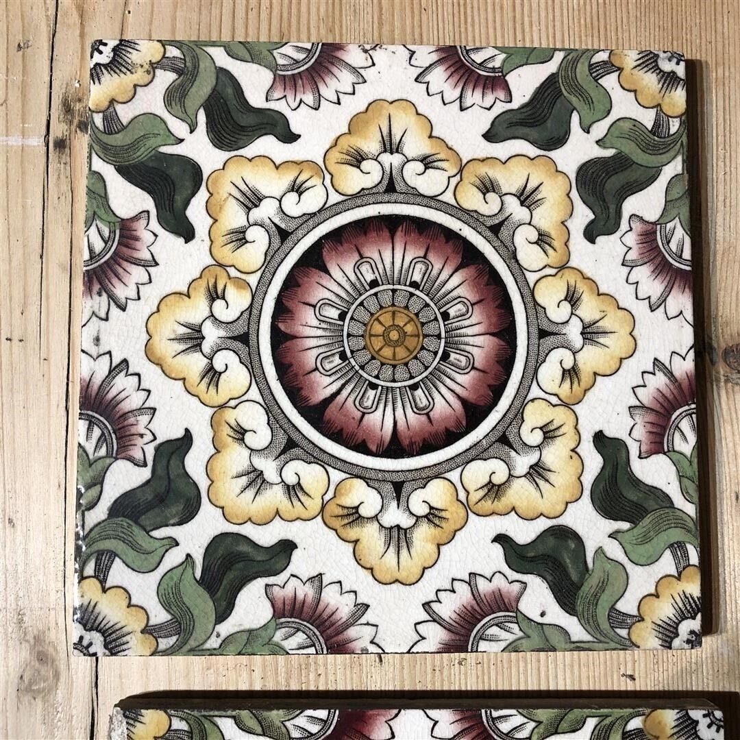 Set Of 5 Antique Fireplace Tiles With Coloured Geometric Floral Design (100) photo furniture