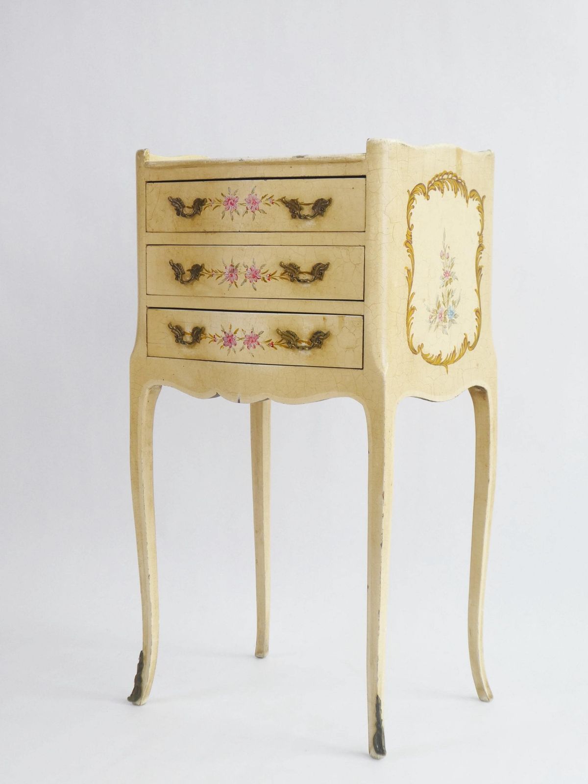Antique Hand Painted Chest Of Drawers Venetian Style, Floral Nightstand With Drawers And Ornate Handles, Small Chest photo vintage