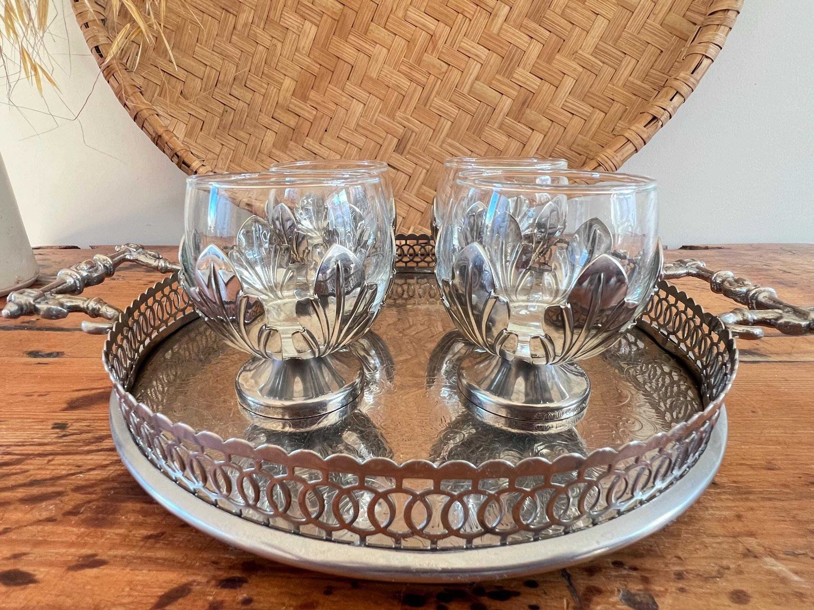Vintage Silver Metal Gallery Serving Tray & Glasses | Ornate Etched Round Drink Tray | 4 Piece Glassware Set Leaf Bases Mid Century Barware photo buy