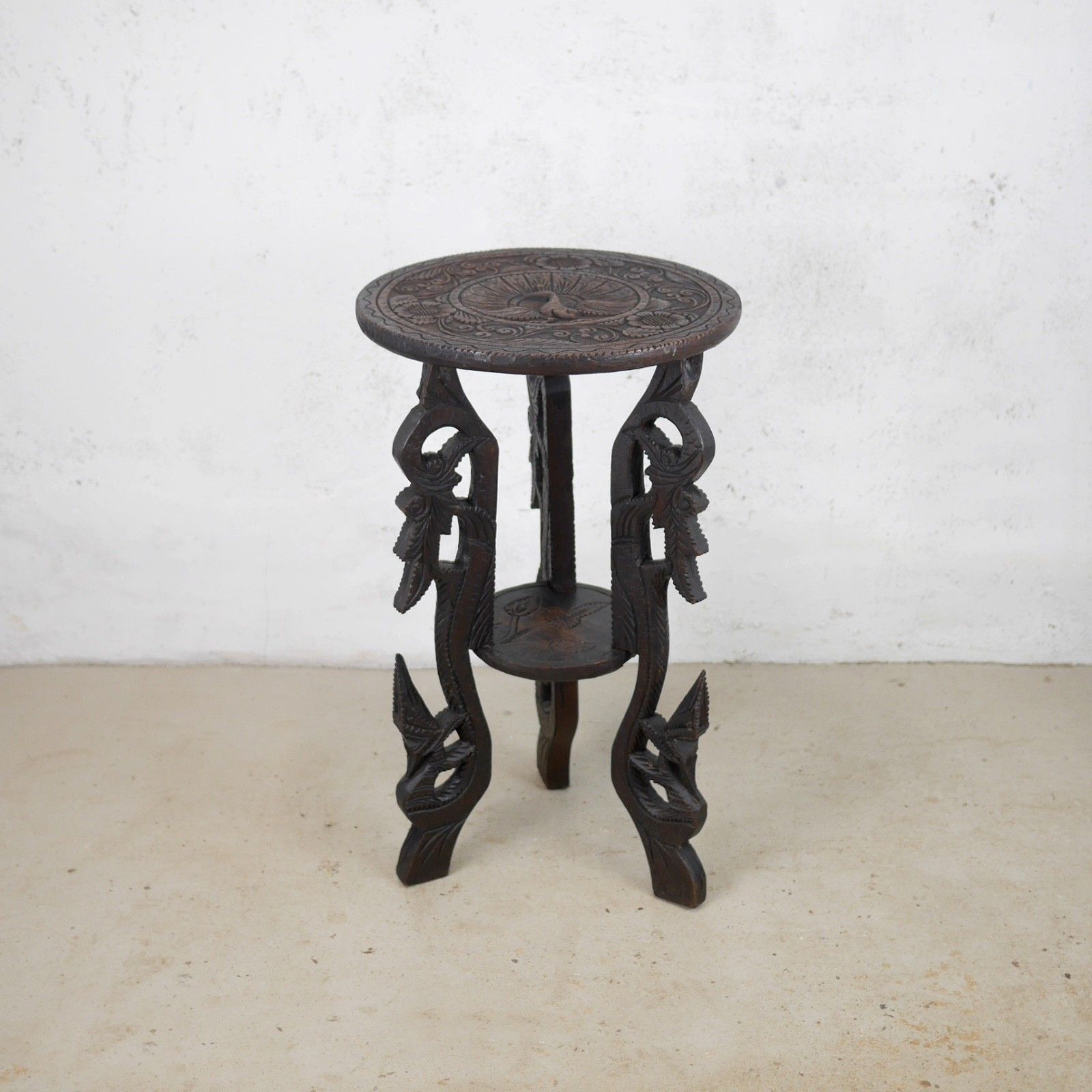 Antique Carved Peacock Asian Hard Dark Wood Lamp Side Table Plant Stand #103112 photo furniture