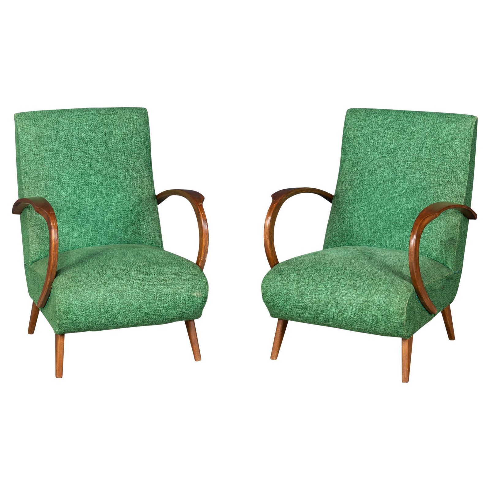 Vintage 20th Century Pair Of Italian Green Fabric Lounge Chairs C.1960