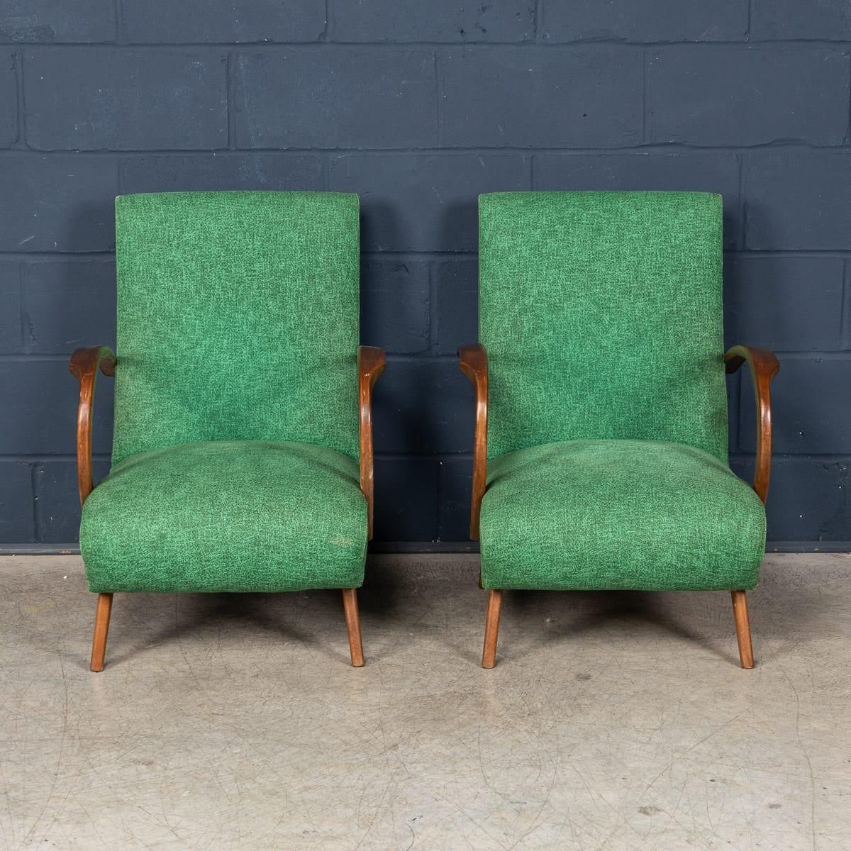 Vintage 20th Century Pair Of Italian Green Fabric Lounge Chairs C.1960 photo Furniture