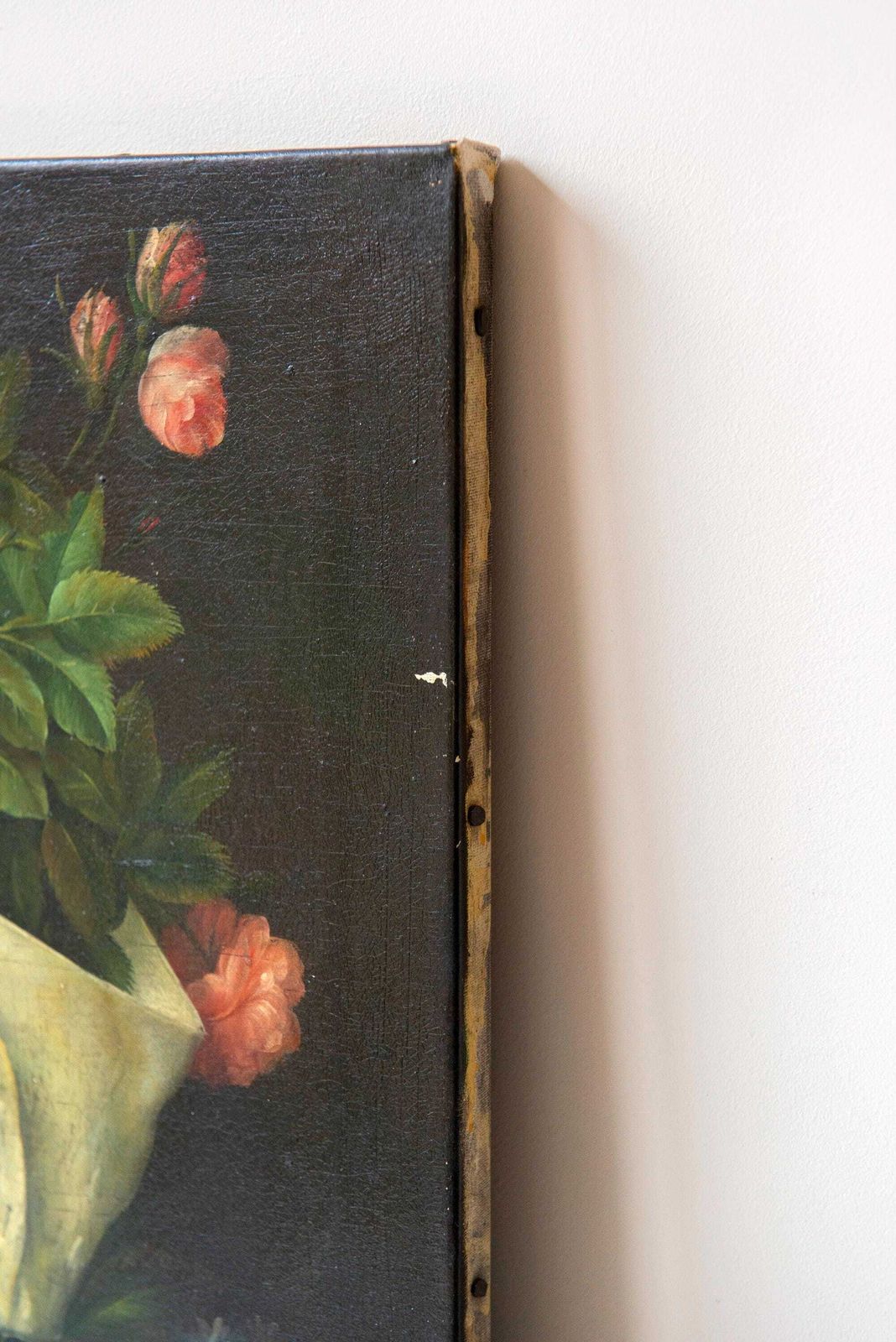 Antique Dutch Still Life Flower Painting On Canvas, C. 1900, Dark Floral Arrangement photo vintage