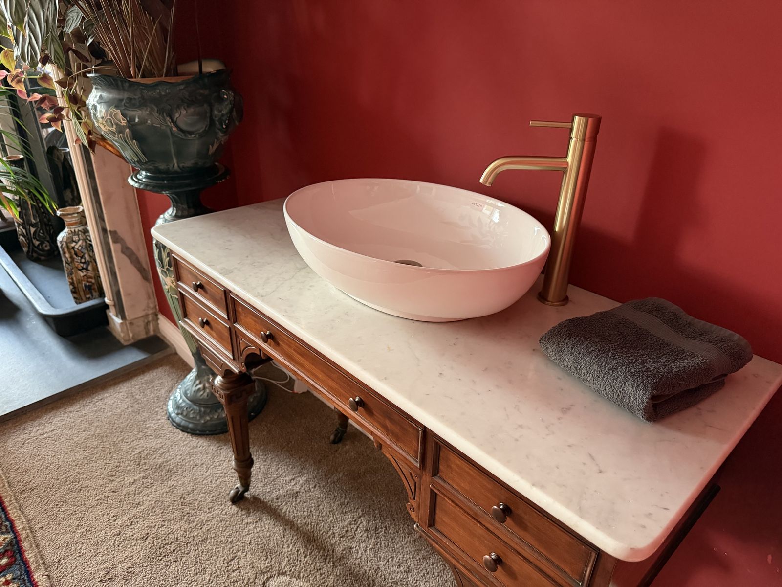 Luxury Antique Bathroom Vanity Unit With Brushed Brass Arezzo Fixtures | Moor & Stone photo for sale
