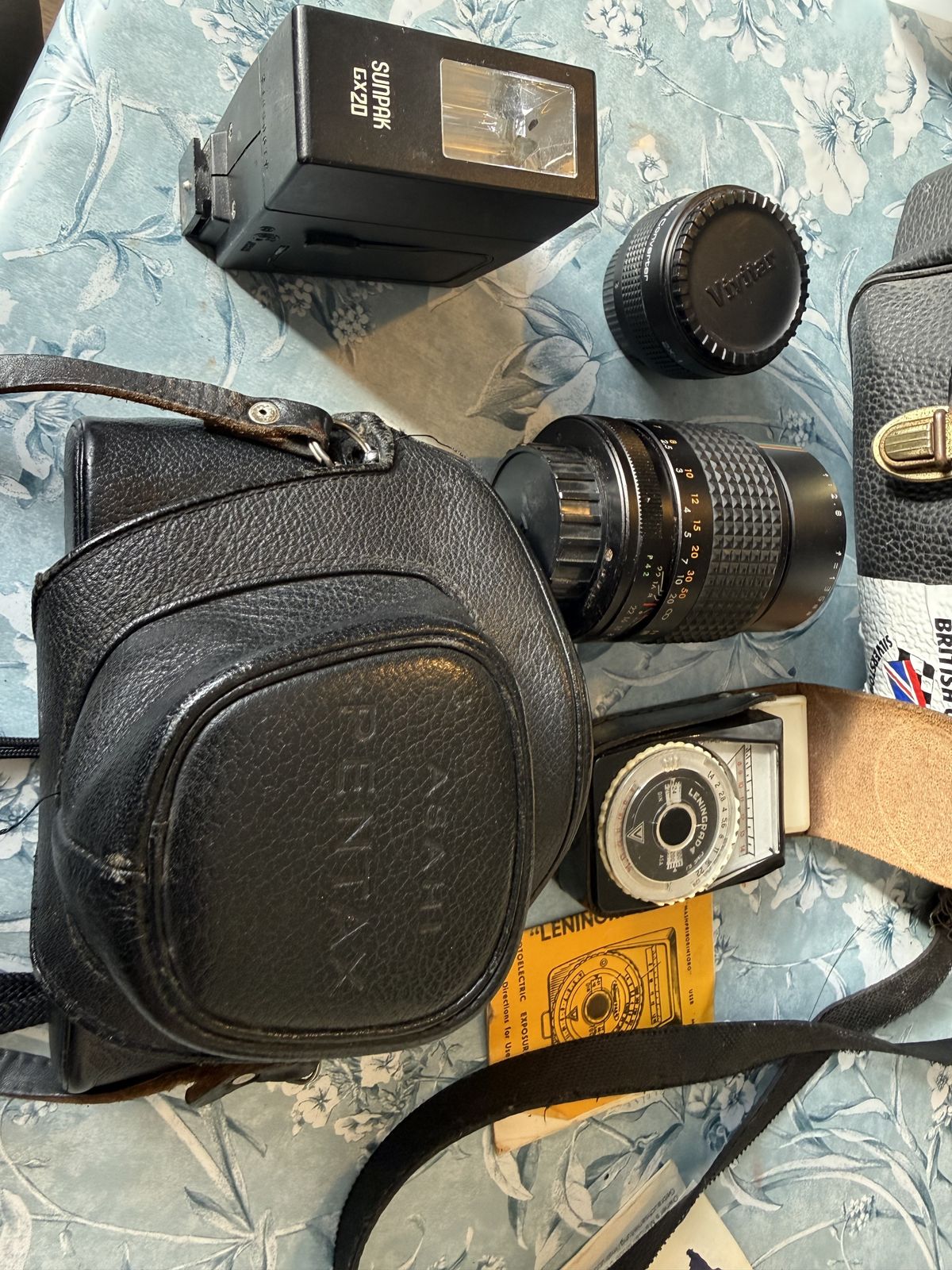 Vintage Asgahi Pentax Sv 35mm Slr Camera Complete With Period ( British Grand Prix Stickers)  Case, Exposure Meter And Lenses photo for sale