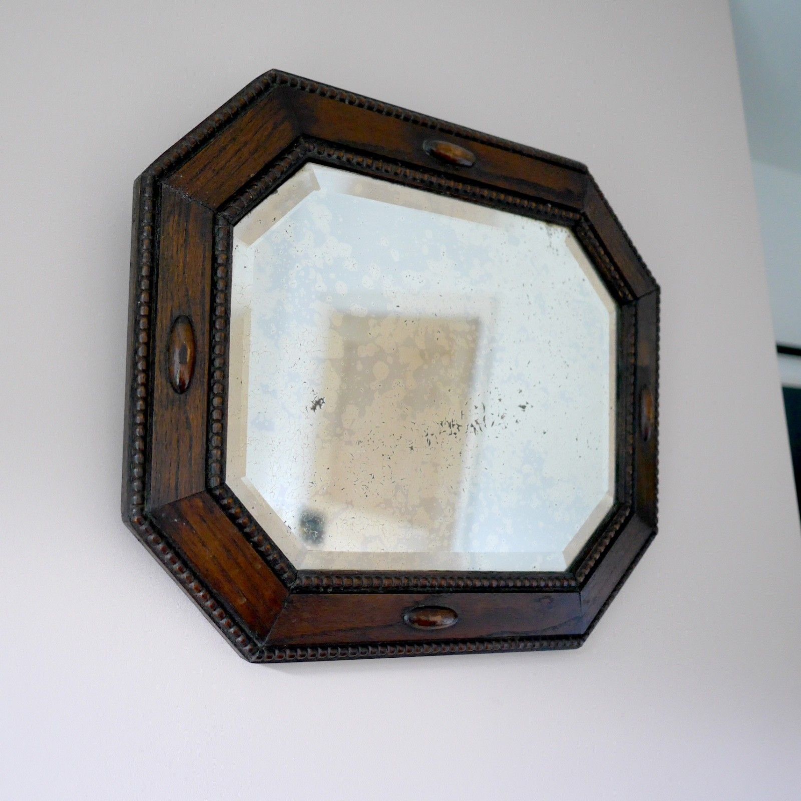Antique 1920s Dark Oak Wood Bevelled Timeworn Wall Mirror #103197 photo for sale