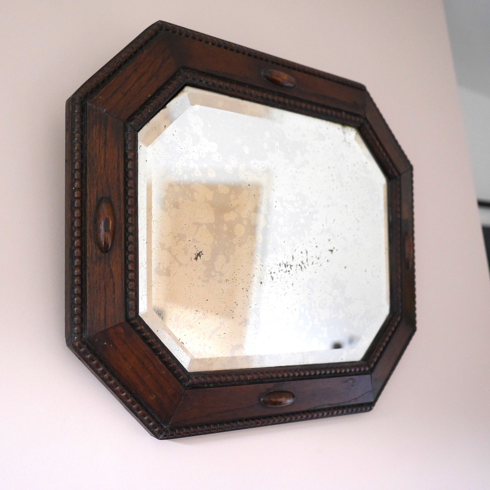 Antique 1920s Dark Oak Wood Bevelled Timeworn Wall Mirror #103197 photo Home Decor