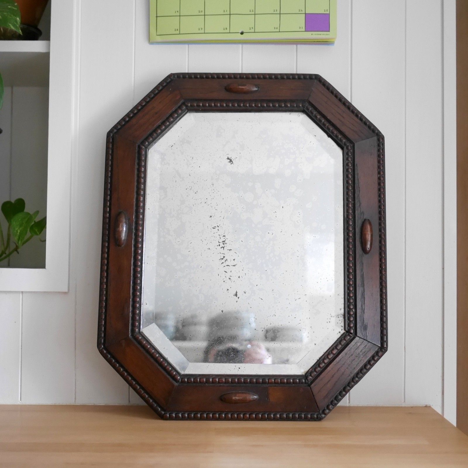 Antique 1920s Dark Oak Wood Bevelled Timeworn Wall Mirror #103197 photo vintage