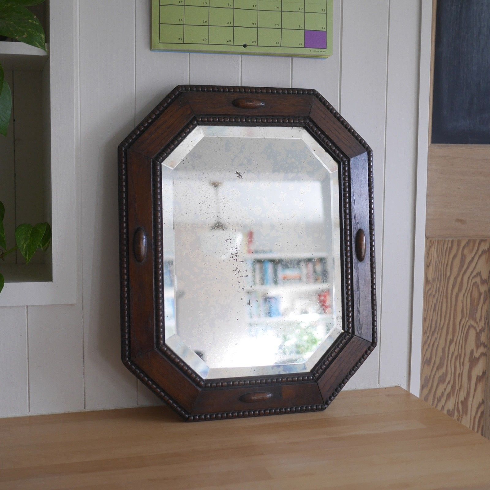 photo furniture Antique 1920s Dark Oak Wood Bevelled Timeworn Wall Mirror #103197