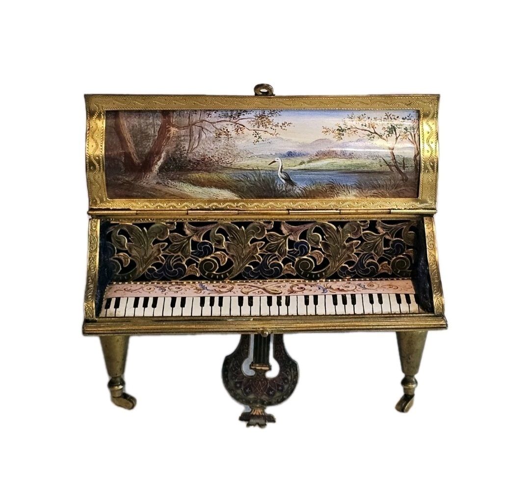 A 19thc French Musical Ormolu & Enamel Jewellery Box Modelled As A Grand Piano photo vintage