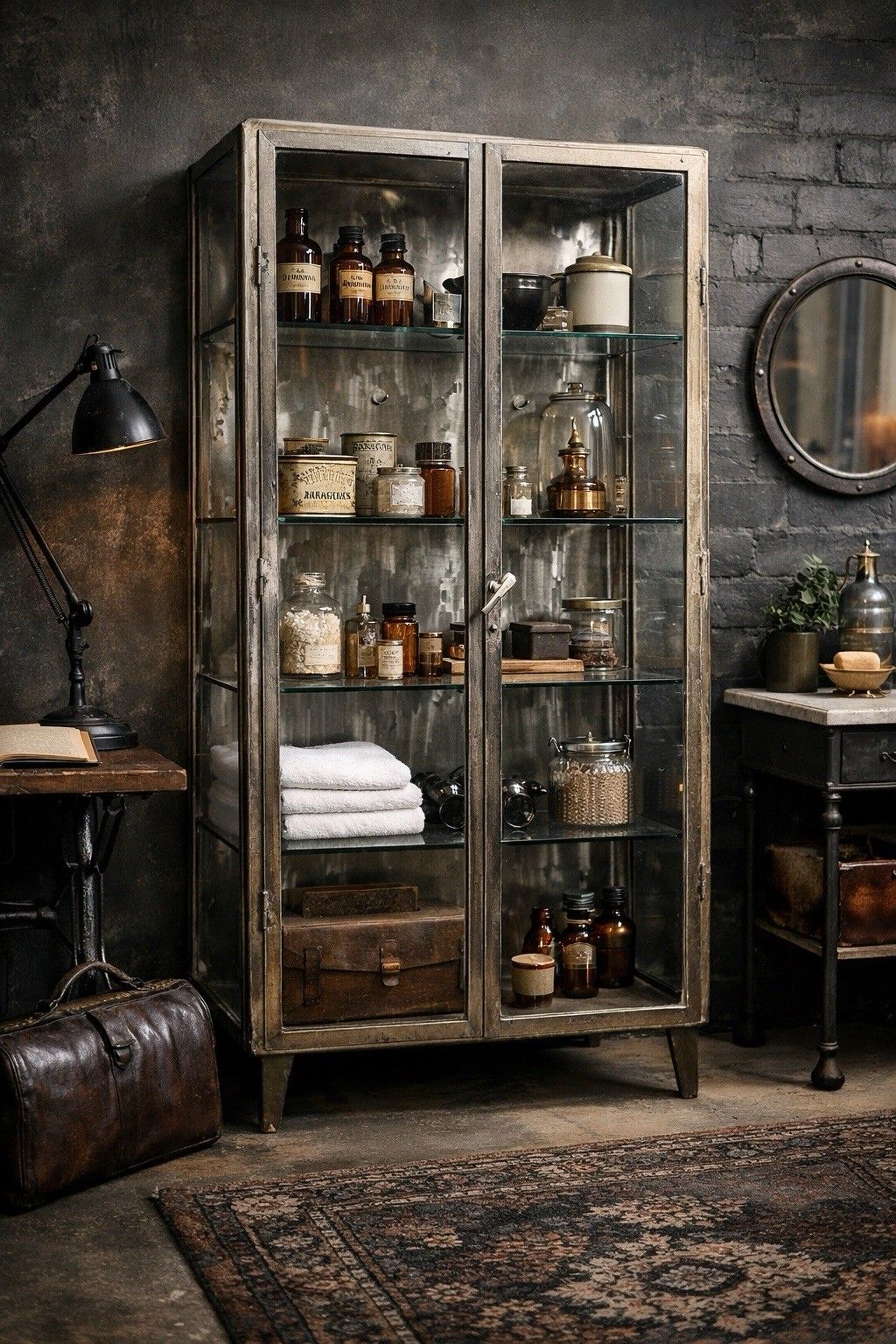 photo vintage Industrial Medical Display Double Cabinet – Shop Display / Apothecary Bathroom