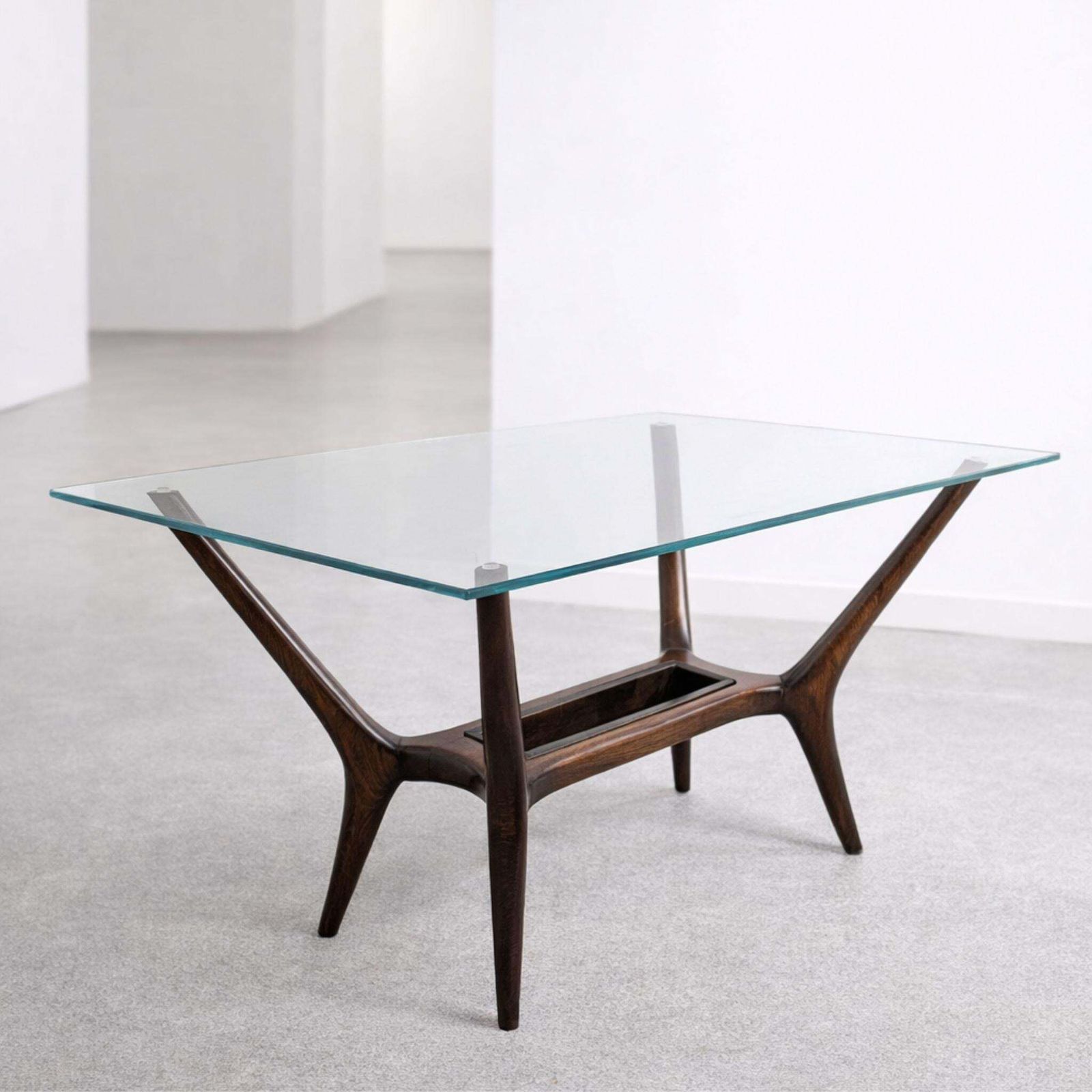 Mid Century Wood And Glass Coffee Table, Ico Parisi Style, 1950s photo vintage