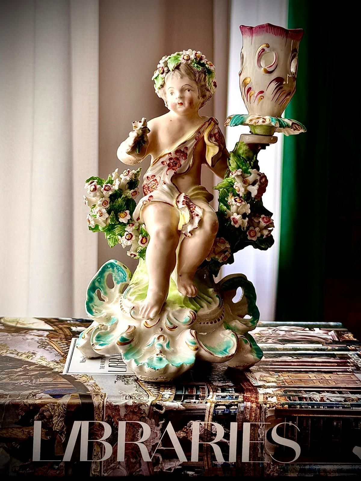 495.0 Pair Of 18th Century Georgian Derby Porcelain Cherub Candlesticks, England C.1760–1780 photo