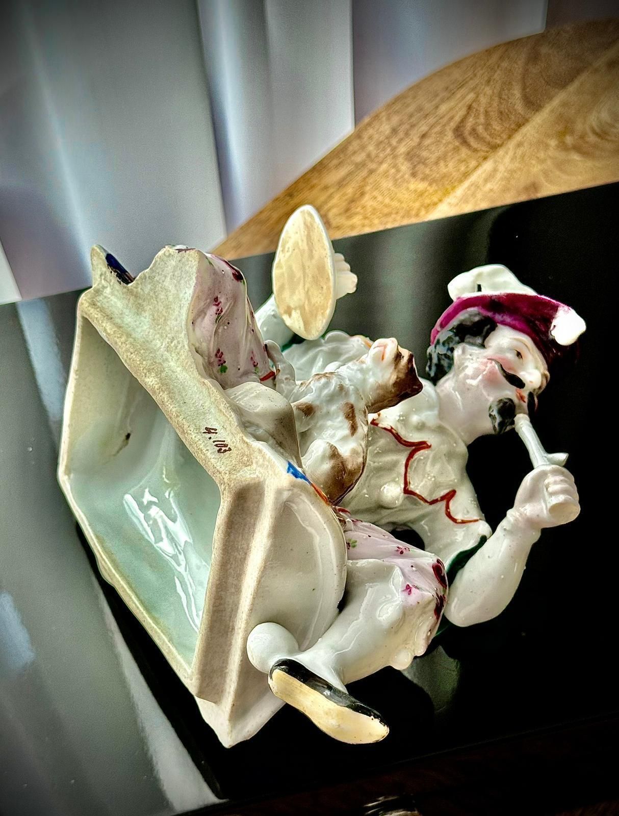 photo for sale Antique Conta & Boehme Figural Tobacco Jar – German Jester On Drum With Cat
