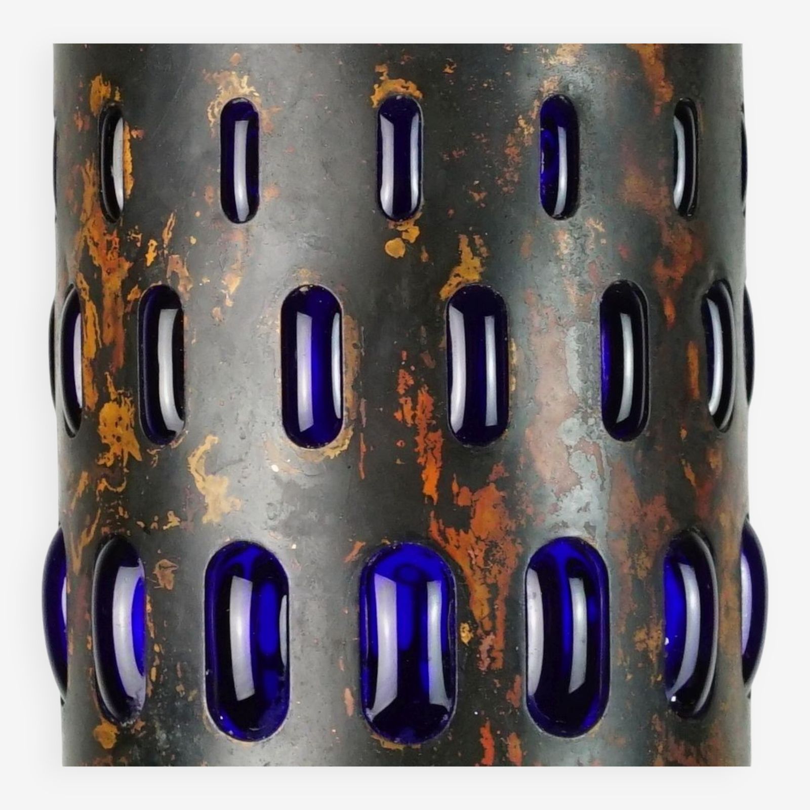 Mid Century Pendant Lamp In Flamed Copper And Blue Glass From The 1960s, 3 Available photo furniture