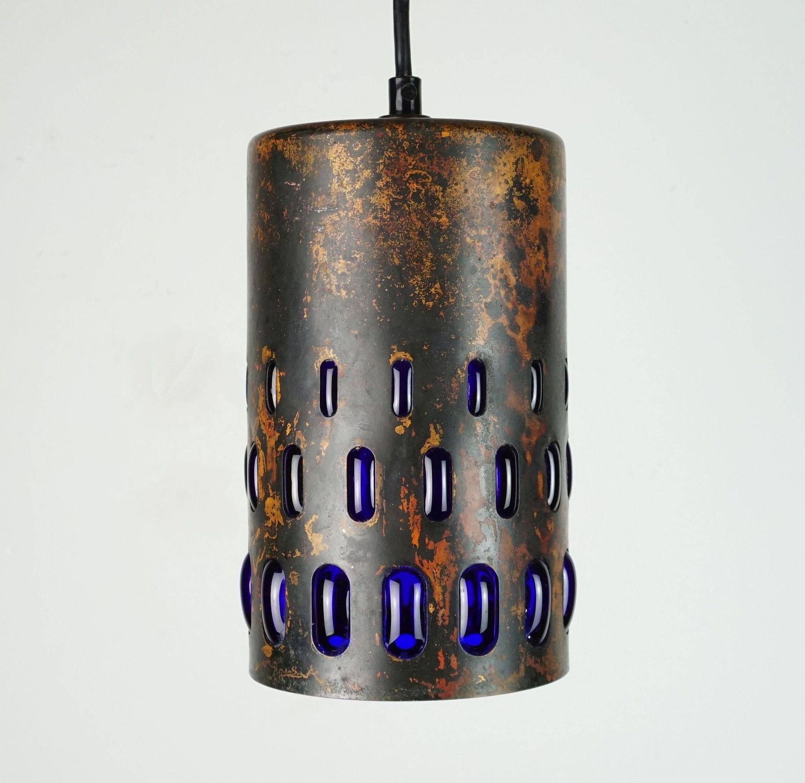 Mid Century Pendant Lamp In Flamed Copper And Blue Glass From The 1960s, 3 Available photo for sale