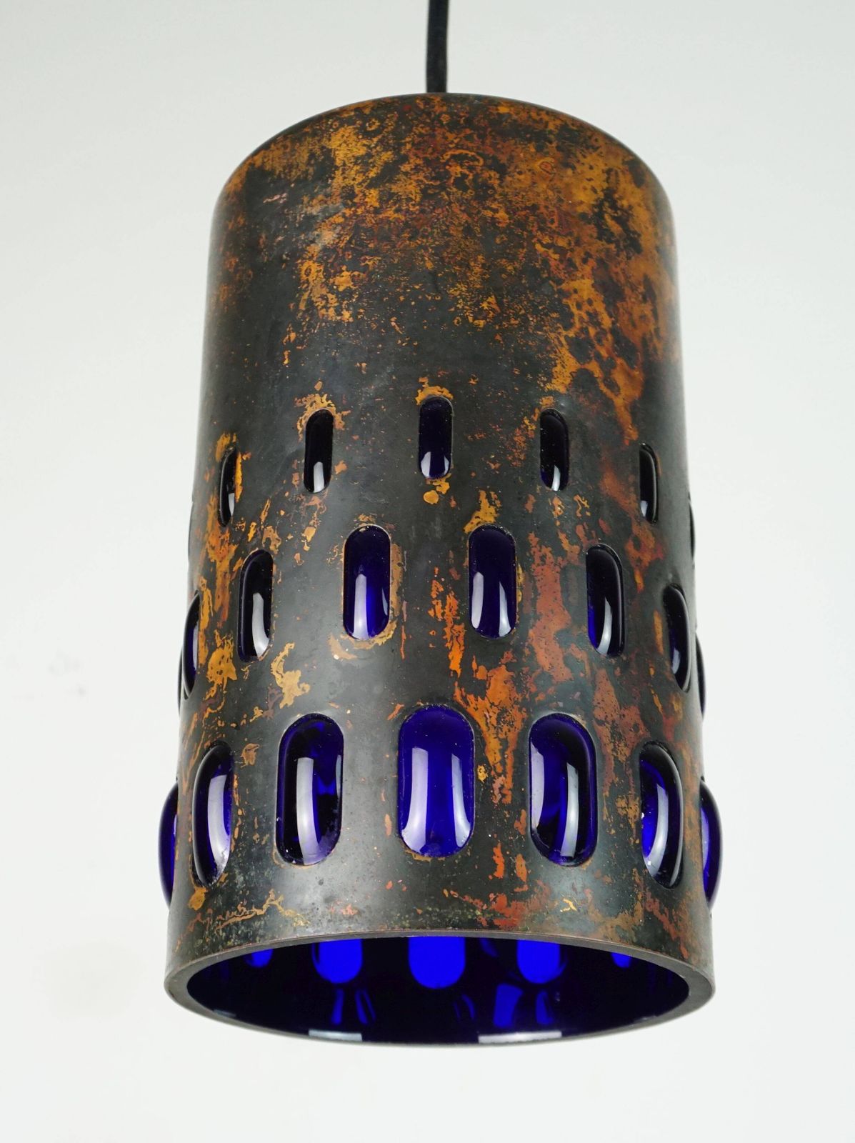 Mid Century Pendant Lamp In Flamed Copper And Blue Glass From The 1960s, 3 Available photo Lighting